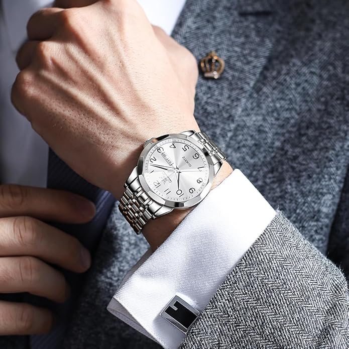 Men's Casual Stainless Steel Watch, Big Face Easy to Read Analog Quartz Watch with Day and Date, Classic Waterproof Diamond Roman Arabic Numerals Dial Dress Watch for Men, Gold Silver Black Band