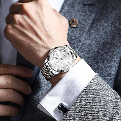 Men's Casual Stainless Steel Watch, Big Face Easy to Read Analog Quartz Watch with Day and Date, Classic Waterproof Diamond Roman Arabic Numerals Dial Dress Watch for Men, Gold Silver Black Band