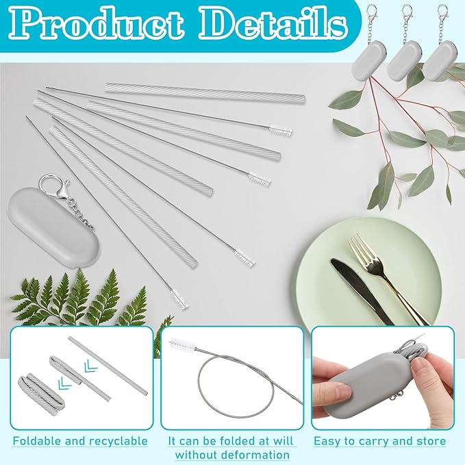 Meanplan 4 Sets Cruise Ship Essentials,4 Set Silicone Straws with Case Reusable Silicone Portable Drinking Straw Set for Party Travel Cold or Hot with 4 Carry Case, 4 Cleaning Brushes (Gray)