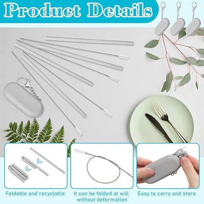 Meanplan 4 Sets Cruise Ship Essentials,4 Set Silicone Straws with Case Reusable Silicone Portable Drinking Straw Set for Party Travel Cold or Hot with 4 Carry Case, 4 Cleaning Brushes (Gray)
