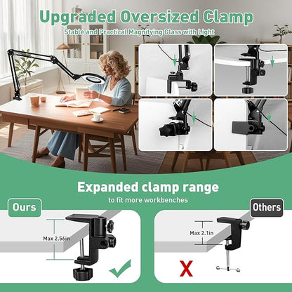 12X Magnifying Glass with Light, Ultra Long 3 Section Swing Arm LED Desk Lamp with Large Clamp, 5 Color and Brightness Hands Free Magnifier Light and Stand for Workbench Crafts Reading Painting