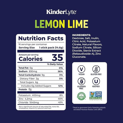 Kinderlyte Advanced Electrolyte Powder for Kids and Adults - Drink Mix Hydration Packets (Lemon Lime, 16 Count), with PreMax Prebiotics, No Artificial Sweeteners or Flavors, No Synthetic Dyes