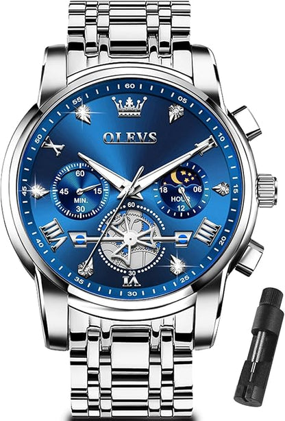 OLEVS Men Silver Watches,Men's Stainless Steel Chronograph Watch,Man Analog Quartz Big Face Male Watches Luxury Waterproof Roman Numeral Dress Diamond Relojes para Hombre