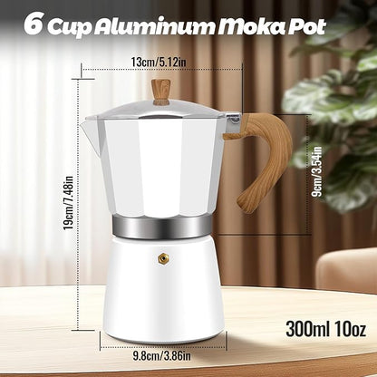 6 Cup Aluminum Moka Pot Classic Stovetop Espresso Coffee Maker 300ml 10oz Coffeemaker Percolator Mocha Express Preferred Cafe Makers for Italian and Cuban Café Brewing White