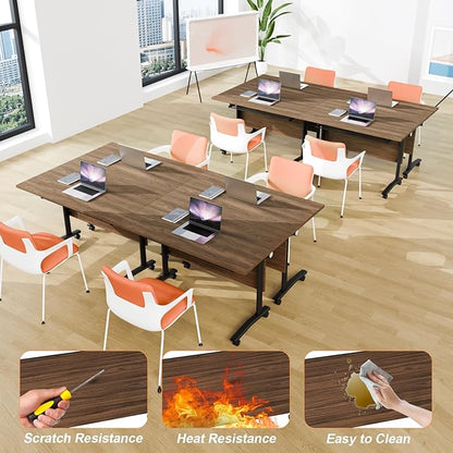 Conference Room Table, 55 Inch Folding Conference Tables with Wheels, Modern Office Meeting Table, Easy Flip & Nest Design, Rectangular Seminar Tables with Metal Frame for 2-24 People(D 2PCS)