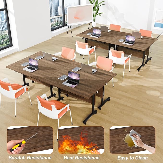 Conference Room Table, 55 Inch Folding Conference Tables with Wheels, Modern Office Meeting Table, Easy Flip & Nest Design, Rectangular Seminar Tables with Metal Frame for 2-24 People(D 4PCS)