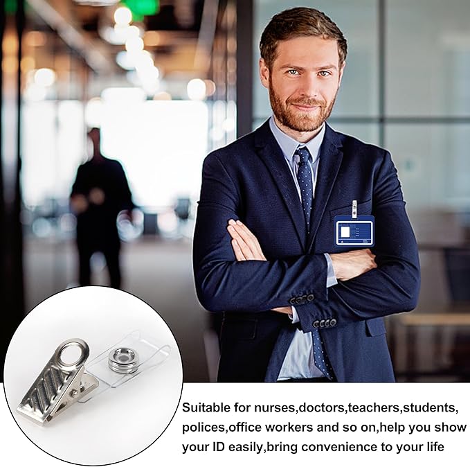 Happy Trees 50 Pcs Metal Badge Clips with Clear PVC Straps, ID Holder Clip for Badge Holders, Name Tags, ID Cards, Work Badges