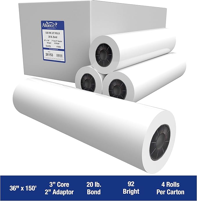 Alliance Wide Format Paper CAD Bond Rolls (20lb | 4 Rolls, 36 In x 150 Ft | 3" Core)
