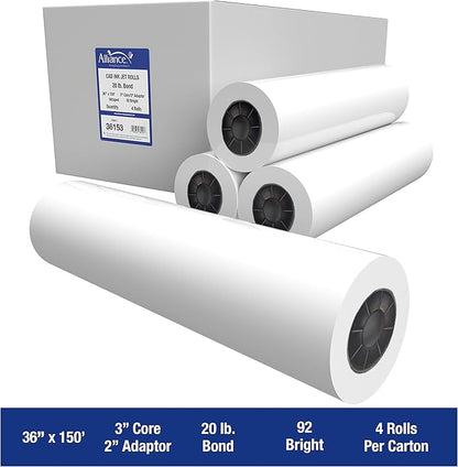 Alliance Wide Format Paper CAD Bond Rolls (20lb | 4 Rolls, 36 In x 150 Ft | 3" Core)