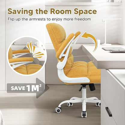 Office Chair with Wheels, Ergonomic Home Office Desk Chair with Flip-up Armrest, Adjustable Rolling Computer Chair Teddy Fleece – Gold