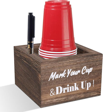 Wooden Cup Holder - Party Cup Holder with Marker Slot, for Party and Wedding, Rustic Disposable for Bar, Kitchen, Countertop, Home & Office, Brown