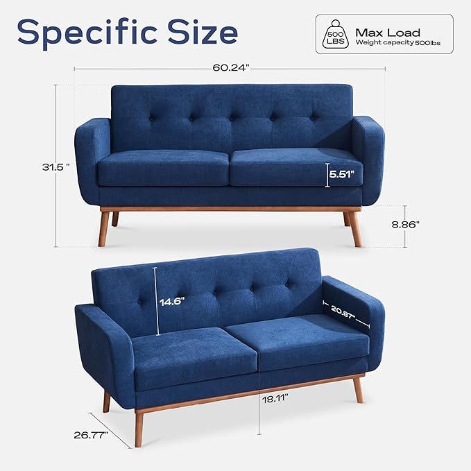 HUIMO Living Room Set, Button Tufted Living Room Furniture Sets, Upholstered Modern Couch Set with Solid Frame, Deep Seat Sofa Set for Living Room, Office (Dark Blue, 3 Piece Set-1*loveseat+2*Chair)