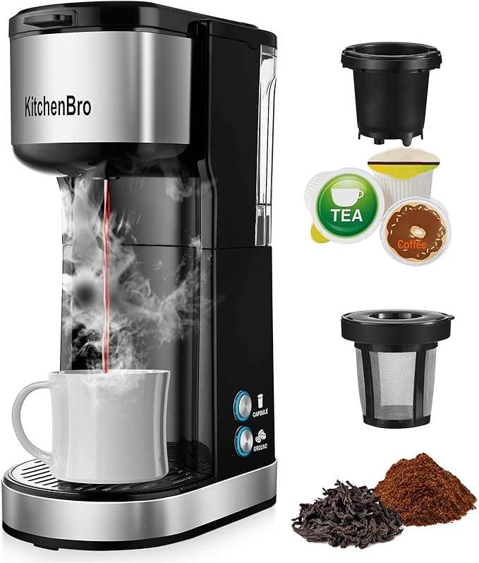 Single Serve Coffee Maker K Cup with Reservoir, Space Saver One Cup Coffee Maker, 2 In 1 Coffee Maker 6 To 14 Oz Brew Sizes,Fits Travel Mug,Single Pod Coffee Maker with Self-Cleaning Function