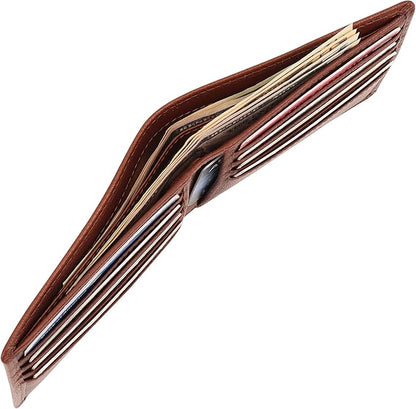 Genuine Leather Mens Bifold Wallet | RFID Blocking, 8 Credit Card Slots, 2 Sections for Bills & 2 Additional Slots | Dark walnut brown