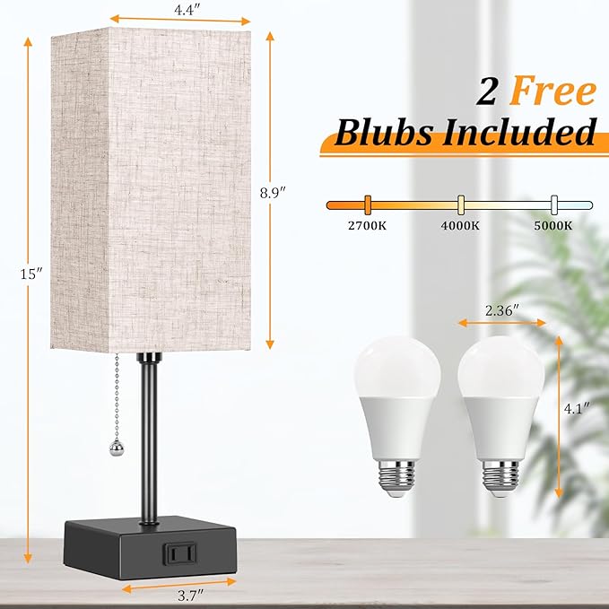 Table Lamp for Bedroom set of 2,3-Color Bedside Lamps with Pull Chain Table Lamps for Nightstand with AC Outlets,Night Light Lamps with 2 Bulbs Lamps for Living Room Kids Office Decor（Black+Cream）