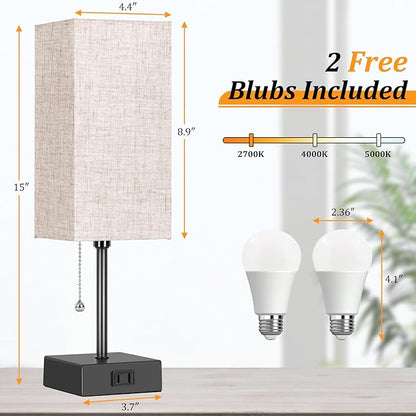 Table Lamp for Bedroom set of 2,3-Color Bedside Lamps with Pull Chain Table Lamps for Nightstand with AC Outlets,Night Light Lamps with 2 Bulbs Lamps for Living Room Kids Office Decor（Black+Cream）