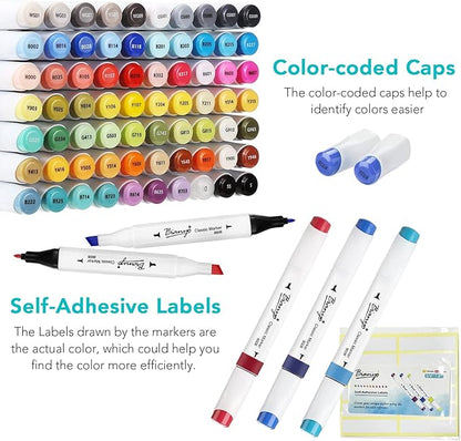 Bianyo 72 Colors Alcohol Markers Set, Dual Tip Fine & Chisel Art Markers with Purple Carry Case for Adult Coloring Books, Sketching, Blending & Drawing, Great for Artists, Beginners & Holiday Gifts