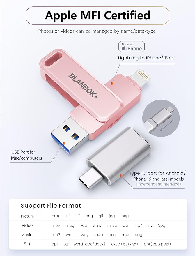 MFi Certified Flash Drive 256GB for iPhone USB Memory Stick Thumb Drives High Speed USB Stick,Photo Stick External Storage for iPhone/iPad/Android/PC（Pink）