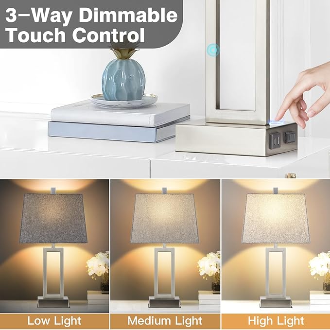 Touch Control Table Lamps Set of 2, Modern Silver Bedside Lamps with USB A+C Ports & AC Outlet, 3 Way Dimmable Contemporary Nightstand Lamps for Bedroom Living Room(LED Bulb Included)