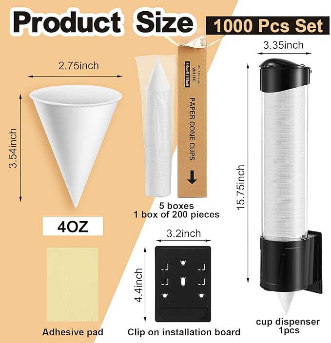 Roshtia 1000 Pcs 4 oz Snow Cone Cups Paper Thicken Disposable with 1 Cups Dispenser Pull Type Wall Mount Cup Holder Paper for Restaurants, Home, and Office, and Shaved Ice, Cold (White)