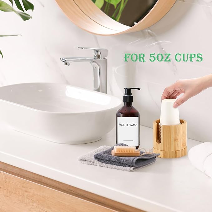 Nnewvante Bamboo Cup Dispenser, 5-8oz Bathroom & Kitchen Cup Holder, Dual-Purpose Paper & Desk Cup Holder, Anti-Spill, Width Upgrade, Party Cup Organizer, Ideal Gift