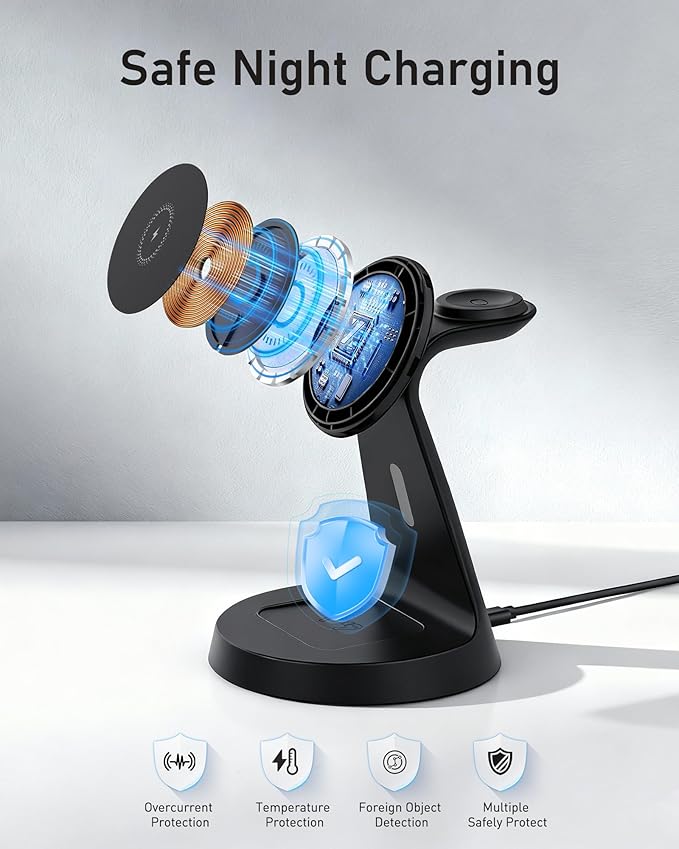 Wireless Charger 3 in 1 Charging Station for iPhone: Magnetic Docking Station for iPhone 17/16/15/14/13/12 - Multi Charging Dock for Apple Watch & Airpods 4 3 2 Pro (Adapter Included) (Black)