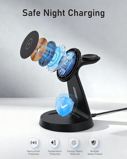 Wireless Charger 3 in 1 Charging Station for iPhone: Magnetic Docking Station for iPhone 17/16/15/14/13/12 - Multi Charging Dock for Apple Watch & Airpods 4 3 2 Pro (Adapter Included) (Black)