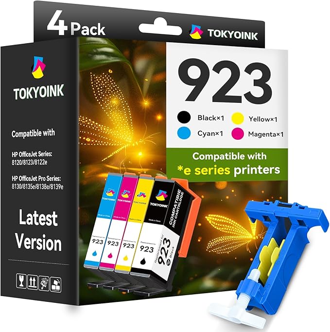 TOKYOINK 923 Ink Cartridges Combo Pack Replacement for HP 923 Ink Cartridges Work for OfficeJet Pro 8120 8122 8122e 8123 8124 8125 8130 8132 8134 8135e 8138e 8139e Printer Without Chip (4 Pack)