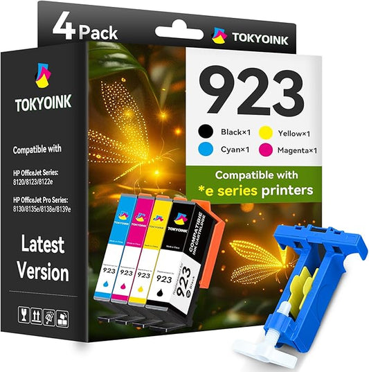 TOKYOINK 923 Ink Cartridges Combo Pack Replacement for HP 923 Ink Cartridges Work for OfficeJet Pro 8120 8122 8122e 8123 8124 8125 8130 8132 8134 8135e 8138e 8139e Printer Without Chip (4 Pack)