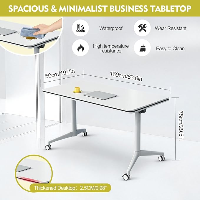Folding Conference Table Modern Large Mobile Meeting Table Rolling Conference Room Tables with Wheels Seminar Tables for Office Training Classroom (2, White, 63" D X 19.7" W X 29.5" H)