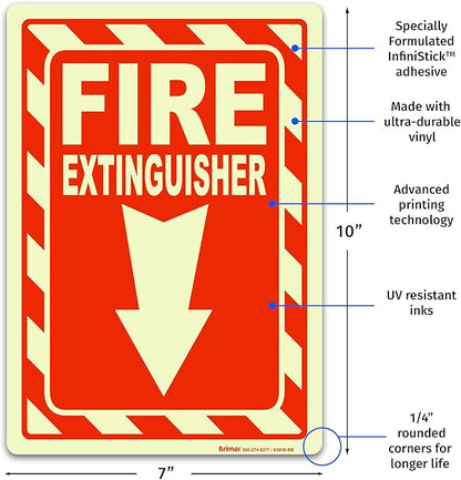 Brimar - 7" x 10" - Fire Extinguisher Sign - 4 Mil Glow-in-the-Dark Peel and Stick Polyester Label - Easy Installation - Versatile Use