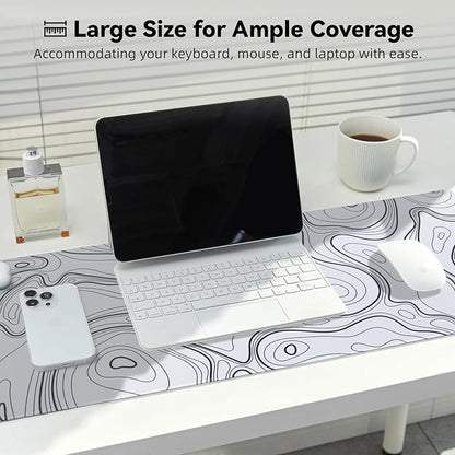 Waterproof Large Gaming Mouse Pad with Durable Stitched Edges, Non-Slip Rubber Base, Grainy Jacquard Mouse Mat Desk Pad for Home Office Gaming, 31.5''x11.8''x0.12'', Topographic Map White