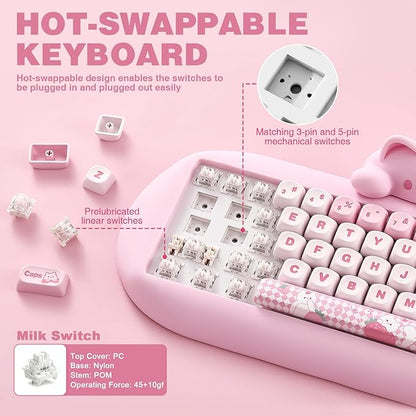 YUNZII C68 Wireless Mechanical Keyboard,65% Layout,Hot Swap,Triple Mode BT5.0/2.4G/Wired, RGB Backlit NKRO,Cute Cat Silicone Ergonomic Design for Win/Mac (Pink, Milk Switch)