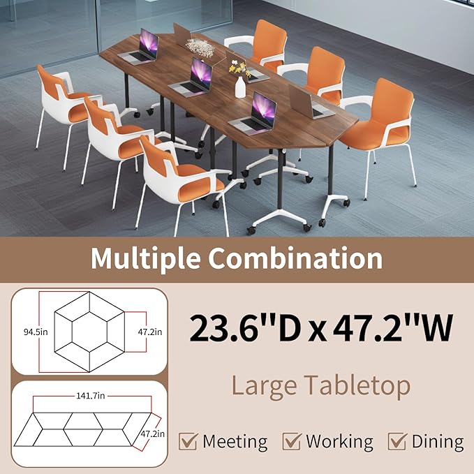 Conference Room Table, 47.2 Inch Folding Conference Tables with Wheels, Modern Office Meeting Table, Easy Flip & Nest Design, Rectangular Seminar Tables with Metal Frame for 2-24 People (K, 8PCS)