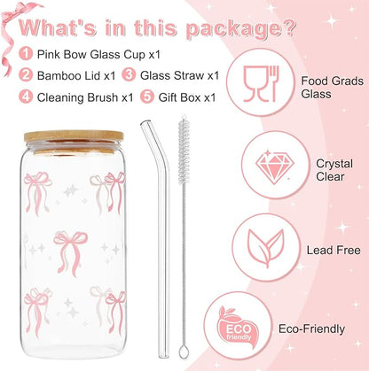 Coquette Pink Bow Glass Cup with Lids and Straws, 16 oz Cute Glass Cup, Aesthetic Iced Coffee Tumbler with Gift Box Cleaning Brush for Teen Girls Gifts Trendy Stuff Women Girlfriends Gifts