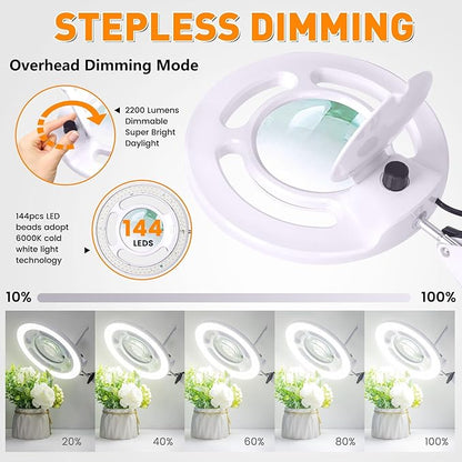 10X Magnifying Glass with Light and Stand, NUEYiO 2200 Lumens Stepless Dimming LED Magnifier Lamp, Adjustable Swing Long Arm Magnifying Light, Hands Free Craft Lamp for Projects Soldering Workbench