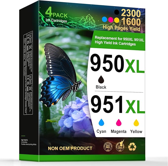 950XL 951XL Ink Cartridges Combo Pack Replacement for HP 950 951 / 950XL 951XL, Compatible with HP OfficeJet Pro 8600 8610 8620 8630 8640 8660 251DW 276DW –High Yield 4-Pack