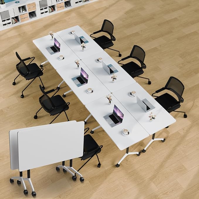Conference Table Folding Conference Room Tables, Modern Mobile Meeting Training Table with Silent Wheels, Foldable Seminar Table for Offices, Classrooms, Libraries (2, white2, 55.1in)