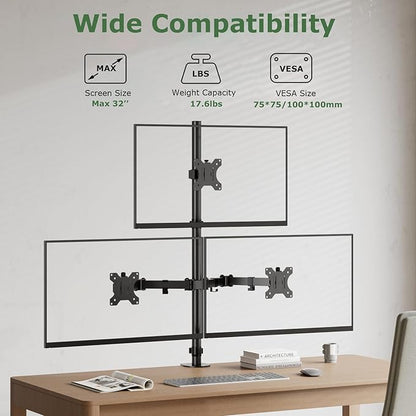 3 Monitor Desk Mount for 17 to 32 inch Screens, Fully Adjustable Triple Monitor Stand with Tilt,Swivel,Rotate, Each Arm Holds up 17.6 lbs,VESA Mount 75x75/100x100mm, Clamp & Grommet Kit