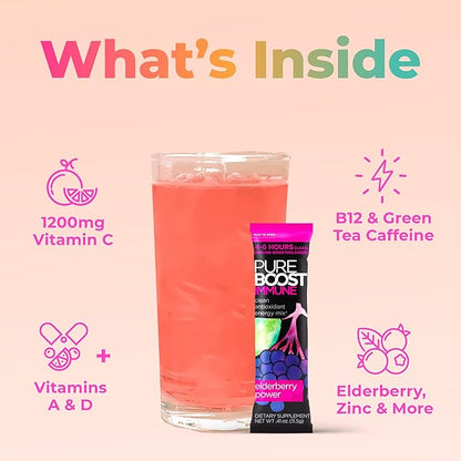 Pureboost Immune Clean Energy Booster, Refreshing Energy Drink Mix and Immunity Supplement with Elderberry, 1,200 mg Vitamin C, Vitamins A + D, and Zinc. Sugar-Free (Combo Pack, 30 Count)
