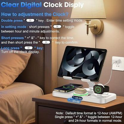 6 in 1 Wireless Charger for Apple Multiple Devices, Charging Station with Clock &7 Color Ambient Light, Foldable Rotate Stand for iPad, for iPhone17/16/15, Support for Apple Watch11/10 For AirPods4