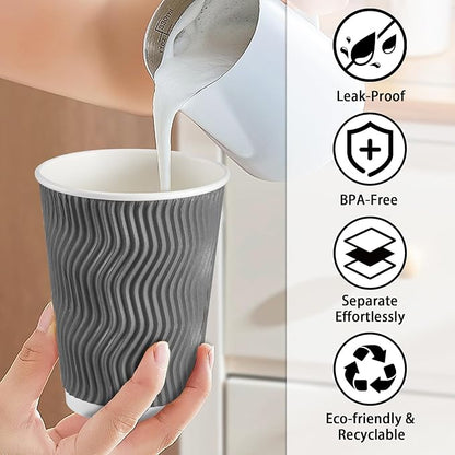 Lamosi 12 oz Insulated Coffee Cups Disposable - 50 Count Grey Paper Coffee Cups No Lids 12oz, Corrugated Ripple Wall Design for Hot Cold Drinks