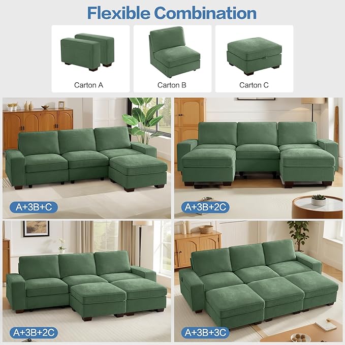 TEKAMON 100" Modular Sectional Sofa with Seats Storage, U Shaped Couch with Movable Ottomans, Chenille Fabric Couch for Living Room, USB Port, Removable Cover(Green, 3 Seater & 2 Ottomans- U Shape)