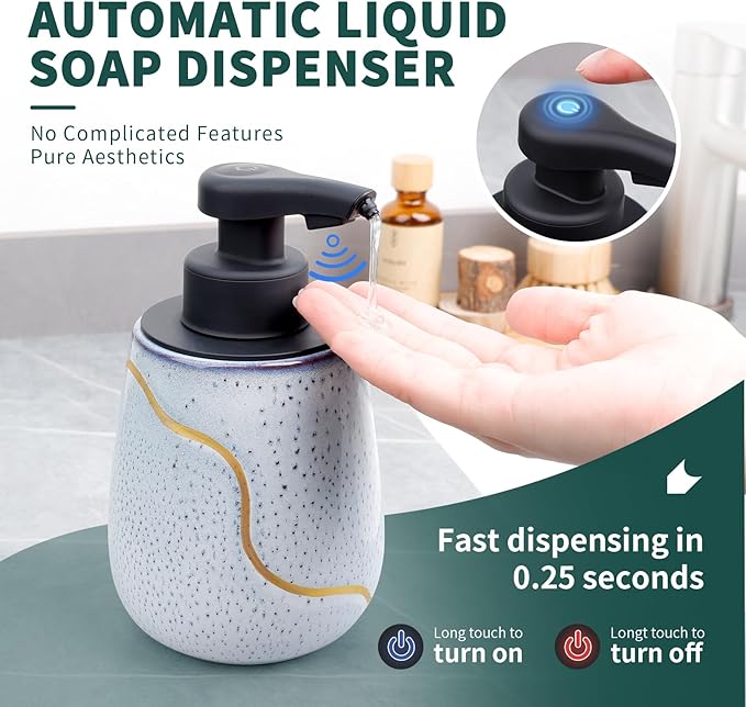 BosilunLife Automatic Soap Dispenser Bathroom - Liquid Hand Free Dispenser Smart Electric Ceramic Lotion Soap Dispenser Touchless with Waterproof Pump Rechargeable for Dish Soap, 17oz, Speckled Blue