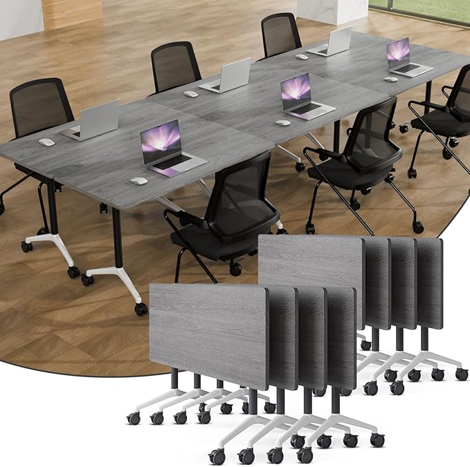 Folding Conference Table,Conference Table with Wheels,Large Flip-Top Training Table,Freely Combinations,Easy to Move for Offices, Schools,Training Rooms（8,Gray,55in