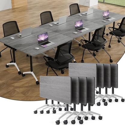 Folding Conference Table,Conference Table with Wheels,Large Flip-Top Training Table,Freely Combinations,Easy to Move for Offices, Schools,Training Rooms（8,Gray,71in