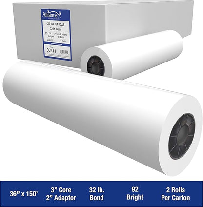 Alliance Wide Format Paper CAD Bond Rolls (32lb | 2 Rolls, 36 In x 150 Ft | 3" Core)