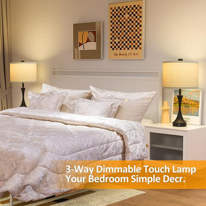 26" Black Touch Table Lamps for Living Room, Modern Farmhouse Touch Lamps for Night Stands Set of 2 with USB Ports, 3 Way Dimmable Bedside Lamps for Bedroom Side Table