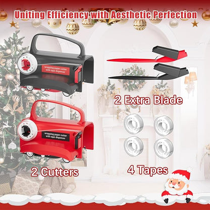 2-Pack Wrapping Paper Cutter & Tape Dispenser, Make Cutting Easily Safely and Efficient, Straight Sliding Tool for Christmas Gift, with 4 Tapes, 2 Replace Blades Kit, Black and Red