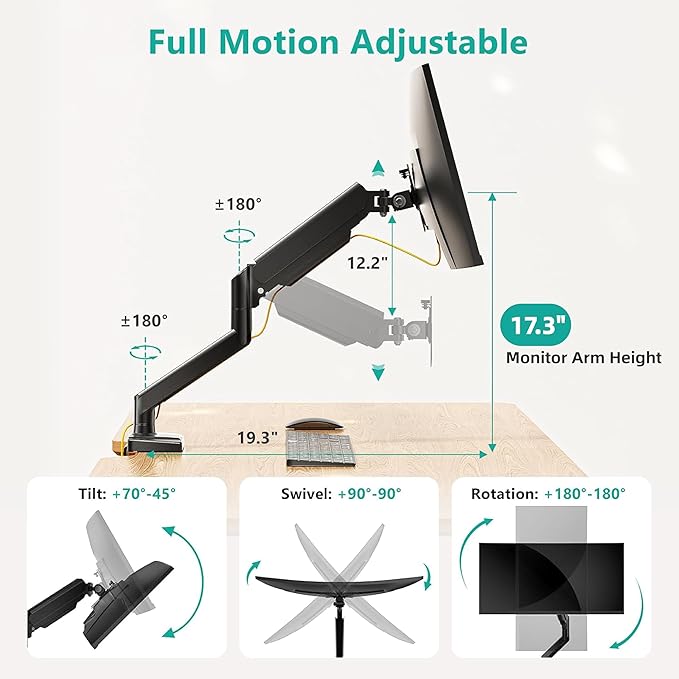 WALI Single Monitor Mount, Gas Spring Monitor Arm for 17-34 inch Screens, Adjustable Computer Monitors Stand up to 26.4lbs, with Clamp and Grommet Base, Mounting Holes 75 and 100mm (GSMP001N), Black
